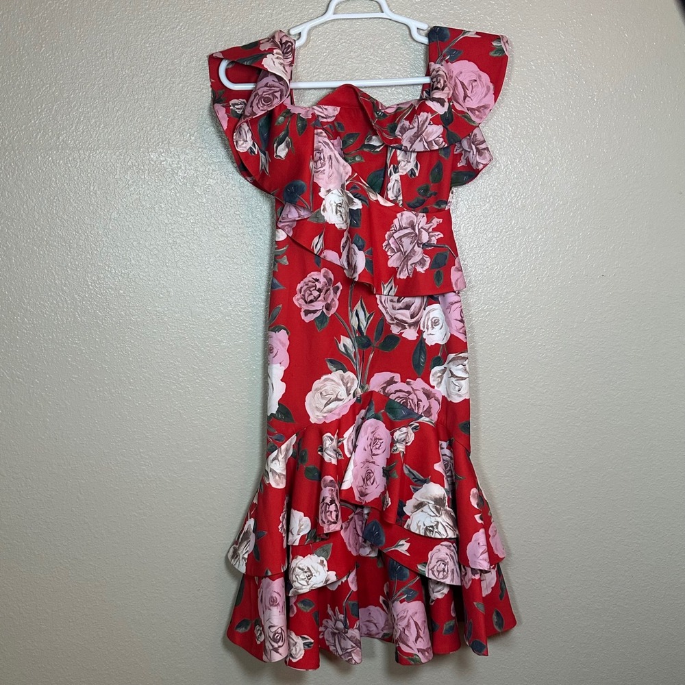Fame by Partners‎ Red Floral One Shoulder Ruffle High Low Dress Women's Size 0